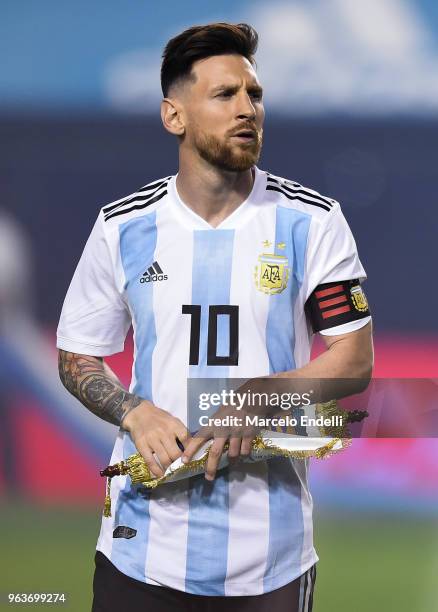 Lionel Messi of Argentina looks on before an international friendly match between Argentina and Haiti at Alberto J. Armando Stadium on May 29, 2018...