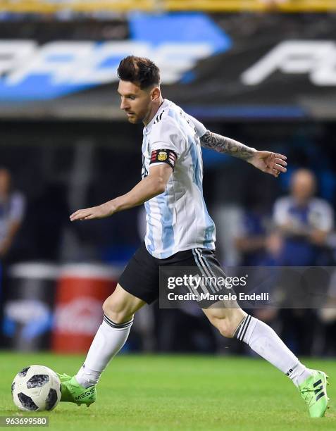 Lionel Messi of Argentina drives the ball during an international friendly match between Argentina and Haiti at Alberto J. Armando Stadium on May 29,...