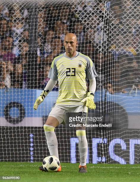 Wilfredo Caballero of Argentina controls the ball during an international friendly match between Argentina and Haiti at Alberto J. Armando Stadium on...
