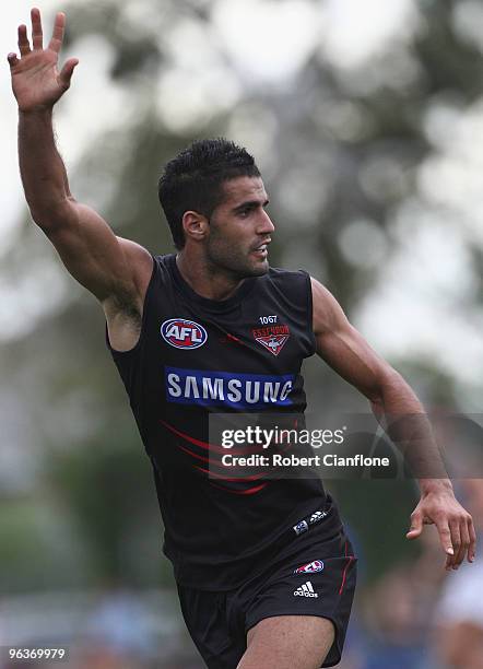 Bachar Houli of the Bombers calls to a teammate during an Essendon Bombers intra-club AFL match at Deakin Oval on February 3, 2010 in Shepparton,...