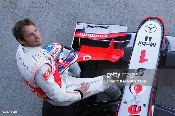 Current Formula One World Champion number 1, Jenson Button of Great Britain and McLaren Mercedes, faces the media as he prepares to drive for his new...