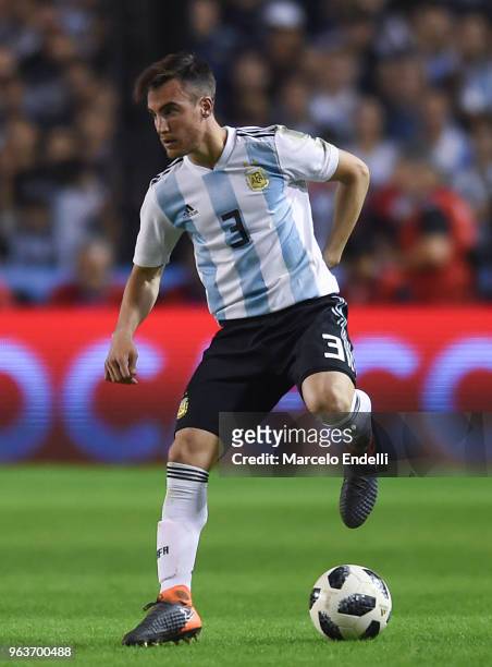 Nicolas Tagliafico of Argentina drives the ball during an international friendly match between Argentina and Haiti at Alberto J. Armando Stadium on...