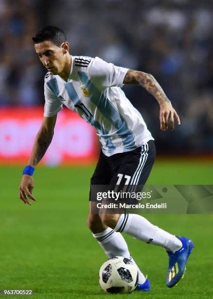 Angel Di Maria of Argentina drives the ball during an international friendly match between Argentina and Haiti at Alberto J. Armando Stadium on May...