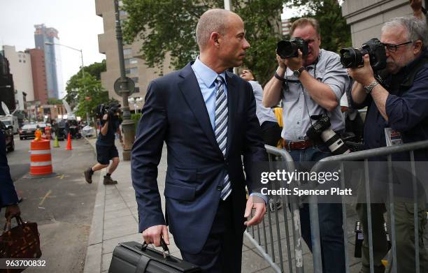 Attorney Michael Avenatti arrives at the United States District Court Southern District of New York on May 30, 2018 in New York City. According to a...