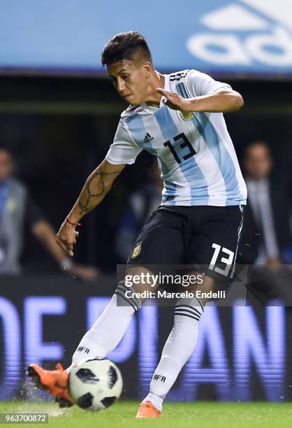 Maximiliano Meza of Argentina kicks the ball during an international friendly match between Argentina and Haiti at Alberto J. Armando Stadium on May...