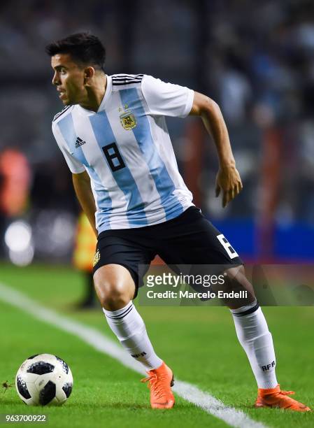 Marcos Acuña of Argentina drives the ball during an international friendly match between Argentina and Haiti at Alberto J. Armando Stadium on May 29,...