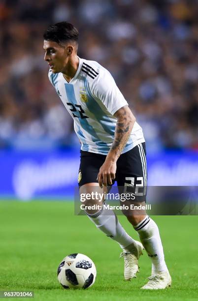 Cristian Pavon of Argentina drives the ball during an international friendly match between Argentina and Haiti at Alberto J. Armando Stadium on May...