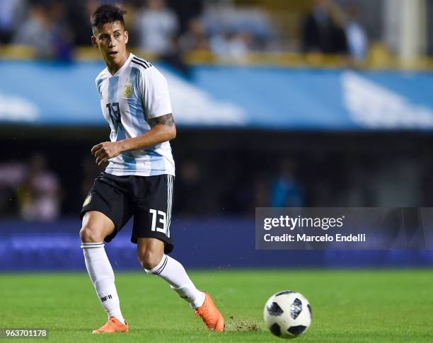 Maximiliano Meza of Argentina plays the ball during an international friendly match between Argentina and Haiti at Alberto J. Armando Stadium on May...