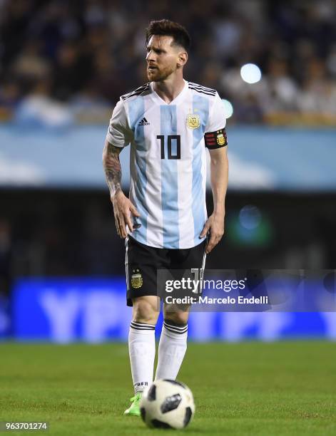 Lionel Messi of Argentina sets up for a free kick during an international friendly match between Argentina and Haiti at Alberto J. Armando Stadium on...