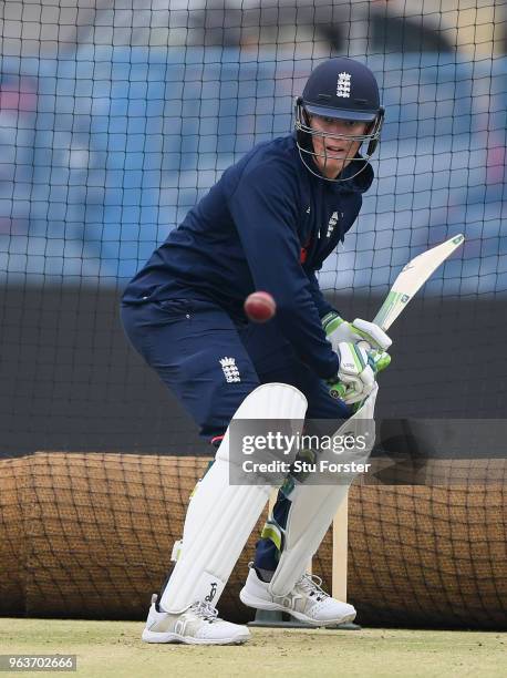 England batsman Keaton Jennings in action during nets ahead of the 2nd Test Match against Pakistan at Headingley on May 30, 2018 in Leeds, England.