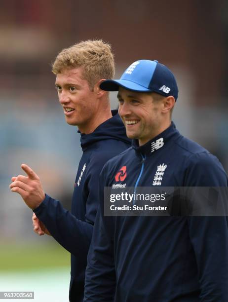 England batsman Keaton Jennings makes a point as Chris Woakes looks on during nets ahead of the 2nd Test Match against Pakistan at Headingley on May...