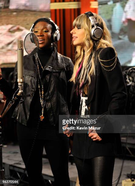 Singers India.Arie and Orianthi perofmr at the "We Are The World 25 Years for Haiti" recording session held at Jim Henson Studios on February 1, 2010...