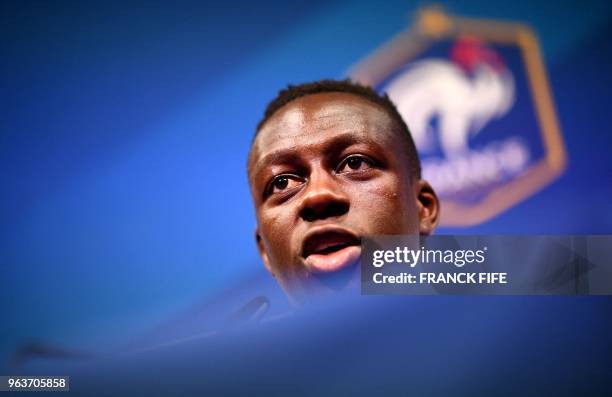 France's national football team defender Benjamin Mendy attends a press conference at the team's training camp in Clairefontaine-en-Yvelines on May...