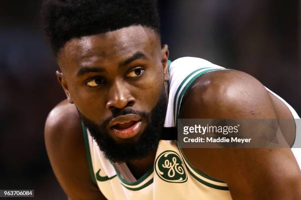 Jaylen Brown of the Boston Celtics looks on during Game Seven of the 2018 NBA Eastern Conference Finals against the Cleveland Cavaliers at TD Garden...