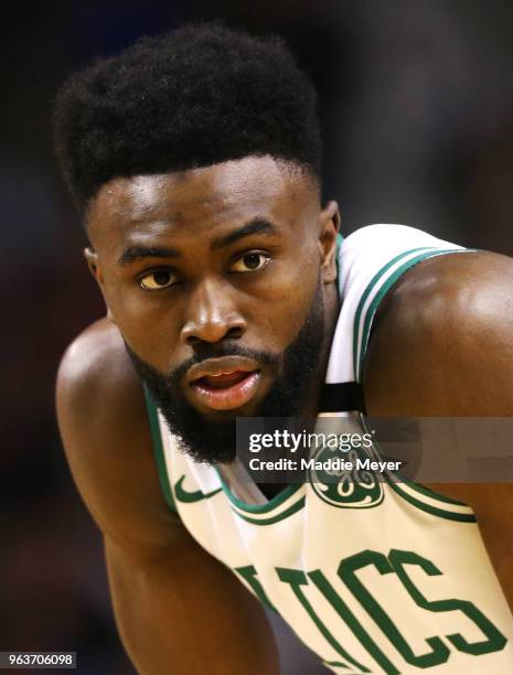 Jaylen Brown of the Boston Celtics looks on during Game Seven of the 2018 NBA Eastern Conference Finals against the Cleveland Cavaliers at TD Garden...