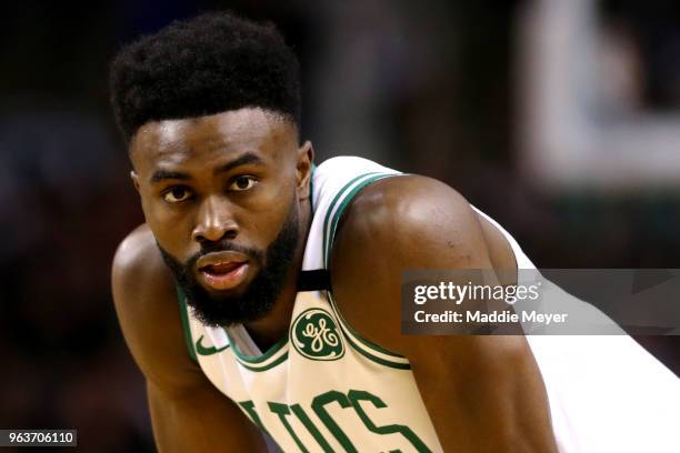 Jaylen Brown of the Boston Celtics looks on during Game Seven of the 2018 NBA Eastern Conference Finals against the Cleveland Cavaliers at TD Garden...