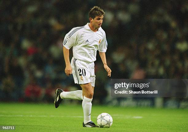 Albert Celades of Real Madrid runs with the ball during the UEFA Champions League Group A match against Anderlecht played at the Bernabeu, in Madrid,...