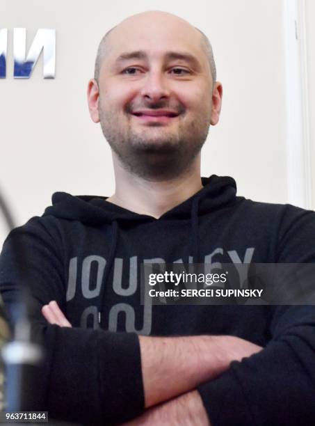 Anti-Kremlin Russian journalist Arkady Babchenko speaks during a press conference at Ukrainian Security Service in Kiev on May 30, 2018. - Ukraine...