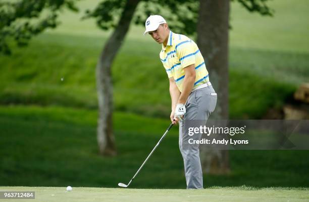 Jordan Spieth hits his second shot on the fourth hole during the Pro-Am of The Memorial Tournament Presented By Nationwide at Muirfield Village Golf...