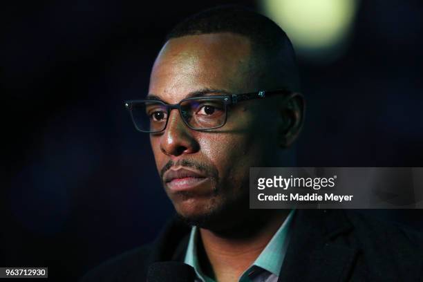 Former NBA Player Paul Pierce before Game Seven of the 2018 NBA Eastern Conference Finals between the Boston Celtics and the Cleveland Cavaliers at...