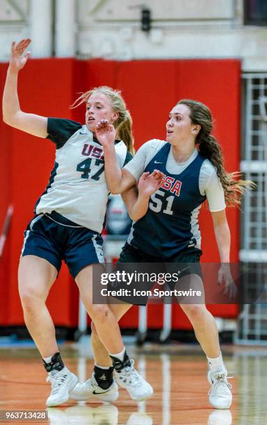 Hailey Van Lith of Wenatchee, Wash. And Jana Van Gytenbeek of Greenwood Village, Colo. Get tangled up while participating in tryouts for the 2018 USA...
