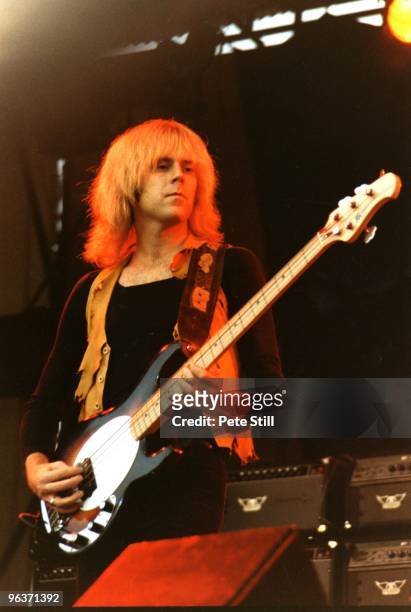 Tom Hamilton of Aerosmith performs on stage on Day 2 of The Reading Festival on August 27th, 1977 in Reading, United Kingdom. He plays a Music Man...
