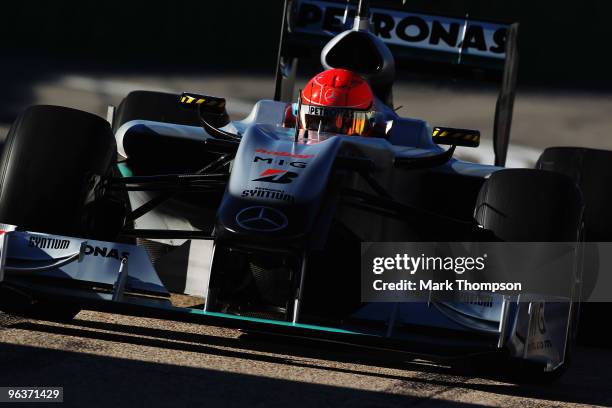 Michael Schumacher of Germany and Mercedes GP drives during winter testing at the Ricardo Tormo Circuit on February 3, 2010 in Valencia, Spain.