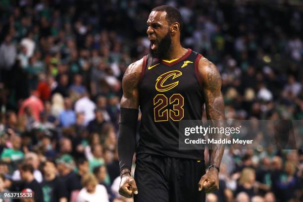 LeBron James of the Cleveland Cavaliers reacts during Game Seven of the 2018 NBA Eastern Conference Finals against the Boston Celtics at TD Garden on...