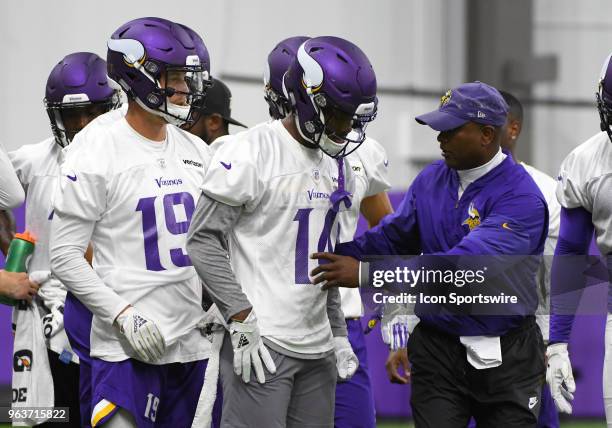 Minnesota Vikings wide receiver Adam Thielen and Minnesota Vikings wide receiver Stefon Diggs get instruction during Optional Team Activities on May...