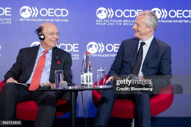 Wilbur Ross, U.S. Commerce secretary, left, and Bruno Le Maire, France's finance minister, react at the Organisation for Economic Co-operation and...