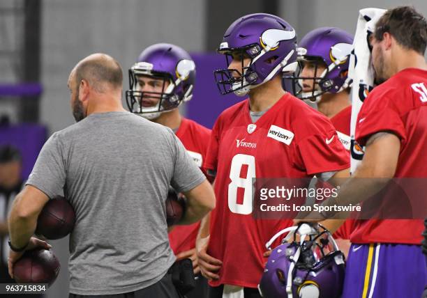 Minnesota Vikings quarterback Kirk Cousins looks on during Optional Team Activities on May 30, 2018 at Twin Cities Orthopedics Performance Center in...