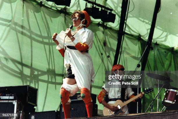 Mark Mothersbaugh of Devo performs on stage at the Knebworth Festival on July 22nd, 1978 in Knebworth, United Kingdom.