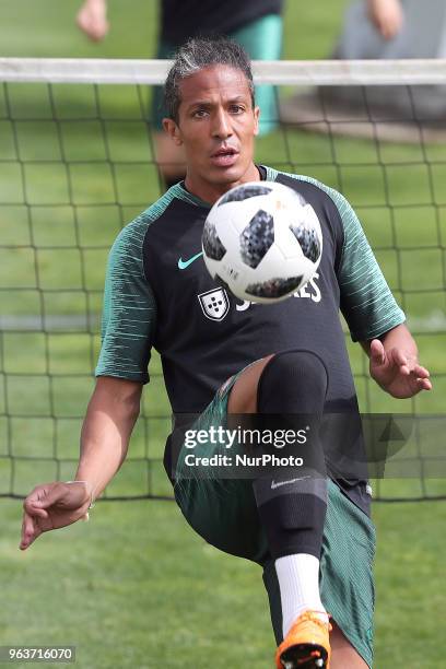 Portugal's defender Bruno Alves in action during a training session at Cidade do Futebol training camp in Oeiras, outskirts of Lisbon, on May 30...