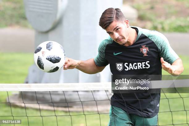 Portugal's forward Andre Silva in action during a training session at Cidade do Futebol training camp in Oeiras, outskirts of Lisbon, on May 30 ahead...