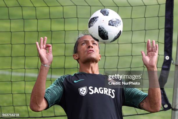 Portugal's defender Bruno Alves in action during a training session at Cidade do Futebol training camp in Oeiras, outskirts of Lisbon, on May 30...