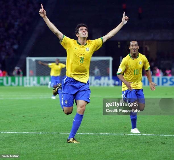 Kaka of Brazil celebrates the first - and only - goal with teammate Ronaldinho during the FIFA World Cup Group F match between Brazil and Croatia at...