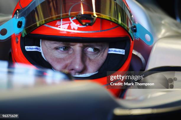 Michael Schumacher of Germany and Mercedes GP prepares to drive during winter testing at the Ricardo Tormo Circuit on February 3, 2010 in Valencia,...
