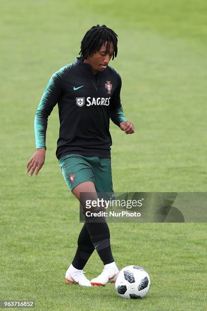 Portugal's forward Gelson Martins in action during a training session at Cidade do Futebol training camp in Oeiras, outskirts of Lisbon, on May 30...
