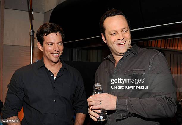 Singer Harry Connick Jr. And actor Vince Vaughn attend the "We Are The World 25 Years for Haiti" recording session held at Jim Henson Studios on...