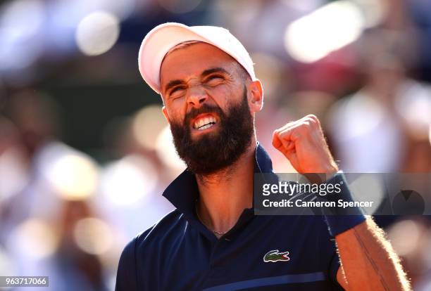 Benoit Paire of France celebrates during his mens single second round match against Kei Nishikori of Japan during day four of the 2018 French Open at...