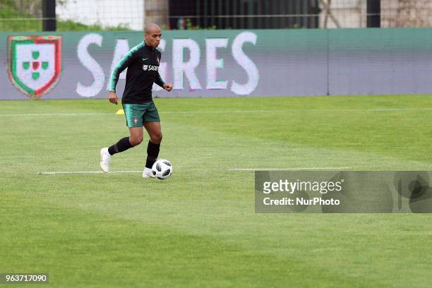 Portugal's midfielder Joao Mario in action during a training session at Cidade do Futebol training camp in Oeiras, outskirts of Lisbon, on May 30...