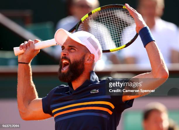 Benoit Paire of France celebrates during his mens single second round match against Kei Nishikori of Japan during day four of the 2018 French Open at...