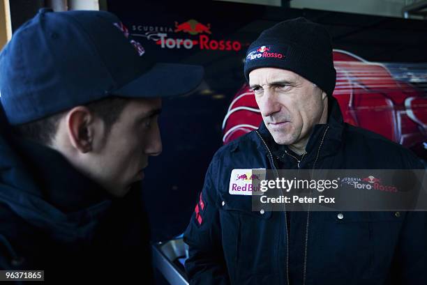 Scuderia Toro Rosso Team Principal Franz Tost is seen talking with driver Sebastien Buemi of Switzerland and Scuderia Toro Rosso during winter...