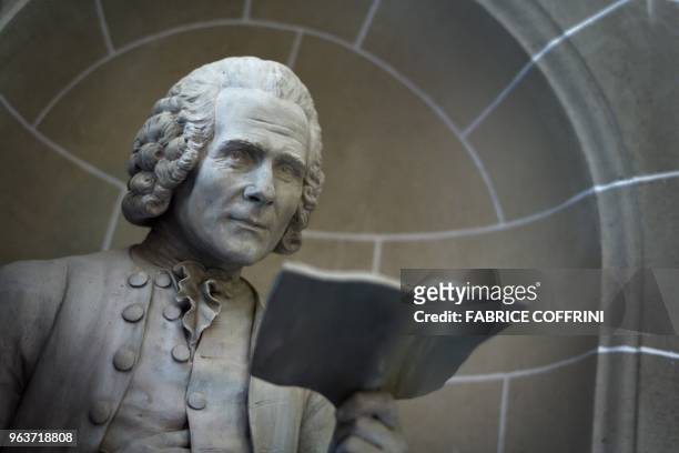Picture shows a bust of Genevan born and French philosopher and writer Jean-Jacques Rousseau at the newly restored Chateau de Voltaire on May 30,...