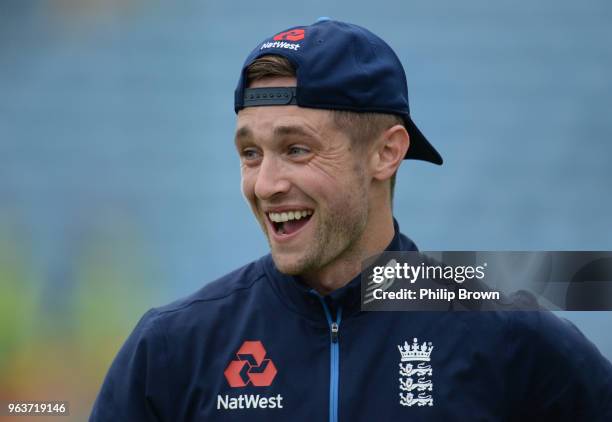 Chris Woakes during a training session before the 2nd Natwest Test match between England and Pakistan at Headingley cricket ground on May 30, 2018 in...