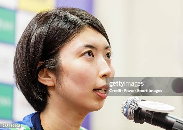 Nana Iwasaka of Japan talks to media during the post match press