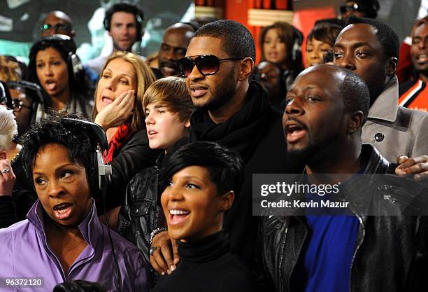 Singers Gladys Knight, Celine Dion, Justin Bieber, Toni Braxton, Usher, Wyclef Jean and others perform at the "We Are The World 25 Years for Haiti"...