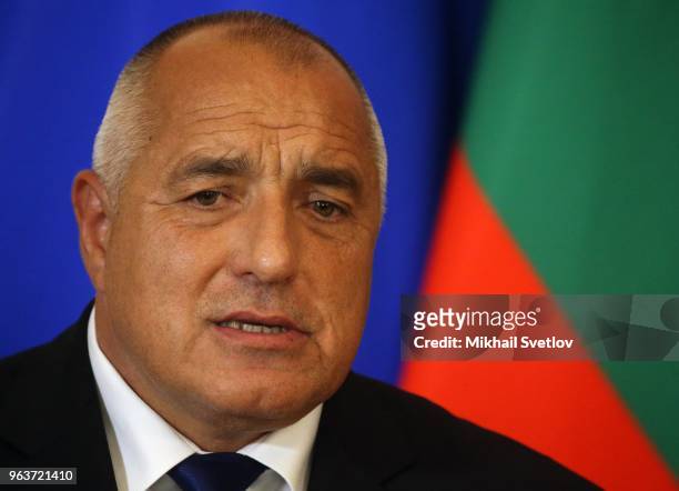 Bulgarian Prime Minister Boyko Borisov speaks during a joint press conference with Russian President Vladimir Putin at the Kremlin on May 30, 2018 in...