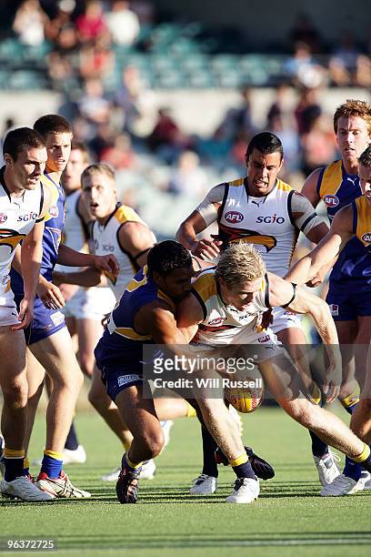 Andrew Krakouer tackles Adam Selwood during the West Coast Eagles Intra-Club Matchon February 3, 2010 in Perth, Australia.