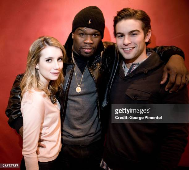 Actors Emma Roberts, Curtis "50 Cent" Jackson and Chace Crawford attend the "Twelve" portraits session at Silver Queen Gallery on January 29, 2010 in...